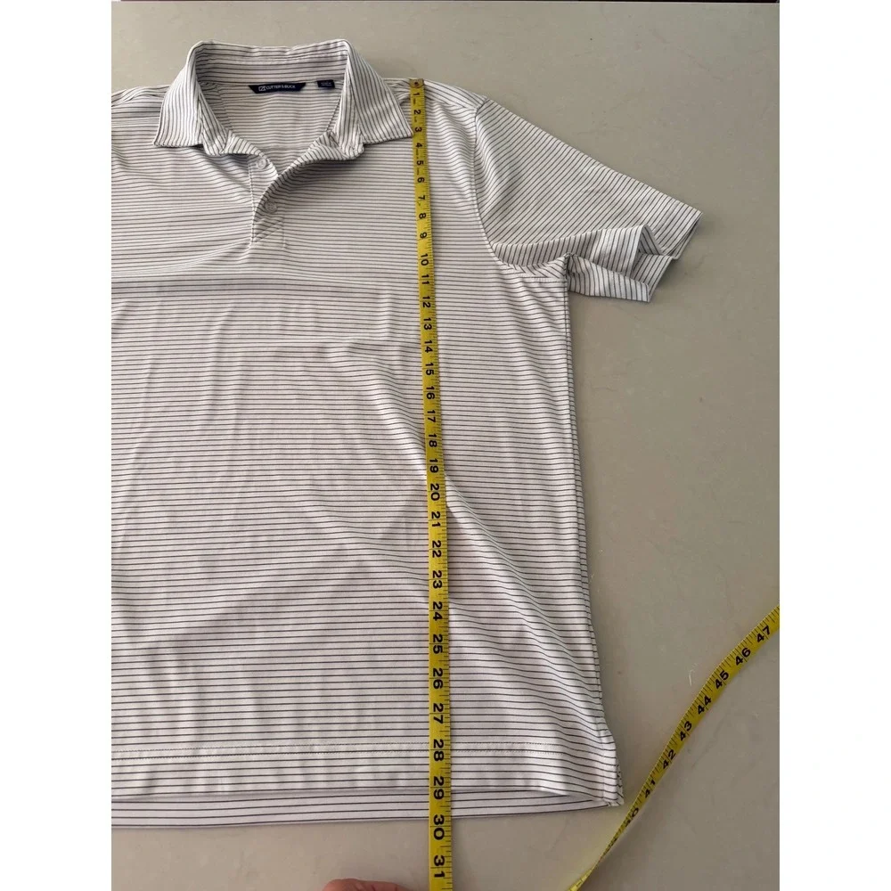 Cutter & Buck Mens Large White Navy Striped Short Sleeve Golf Polo Shirt Stretch